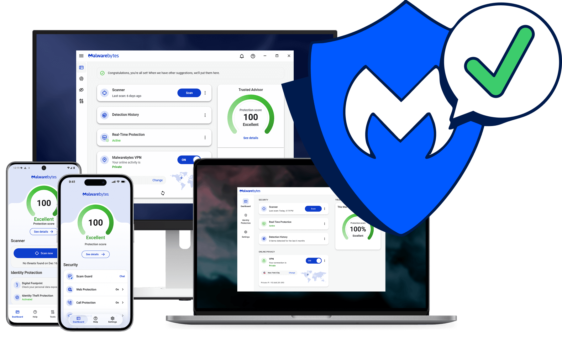 Illustration of a laptop, tablet and phone grouped behind one shield